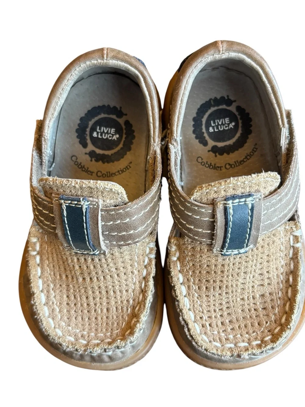 Livie and Luca Toddler Boys Shoes Size 5 Leather Hook and Loop Tan Navy Neutral
